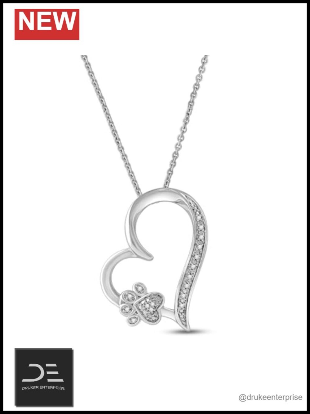 Jewelili Diamond Paw Heart Pendant Necklace for Women in Sterling Silver